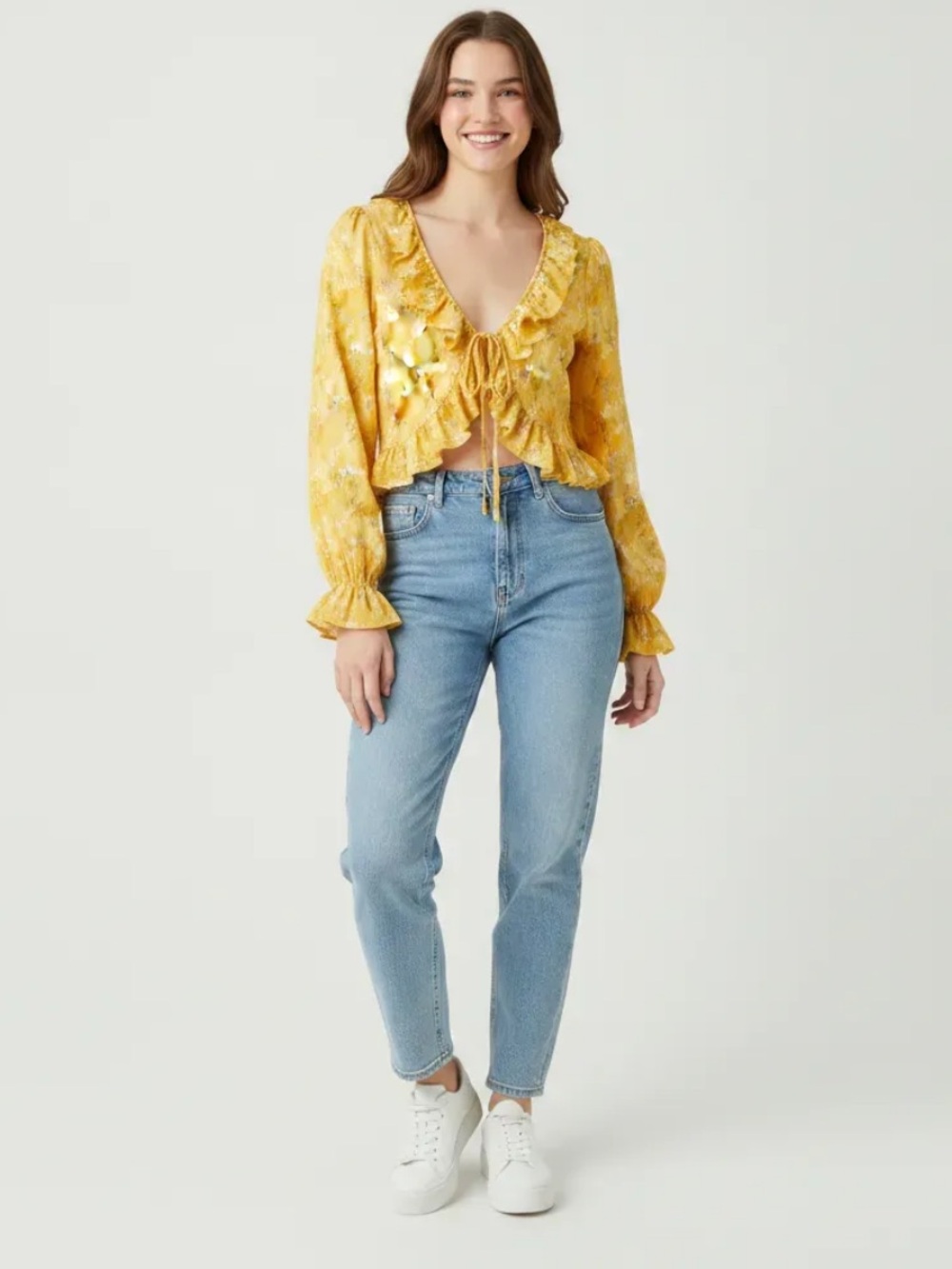 Zara Yellow Floral Ruffle Tie-Front Blouse